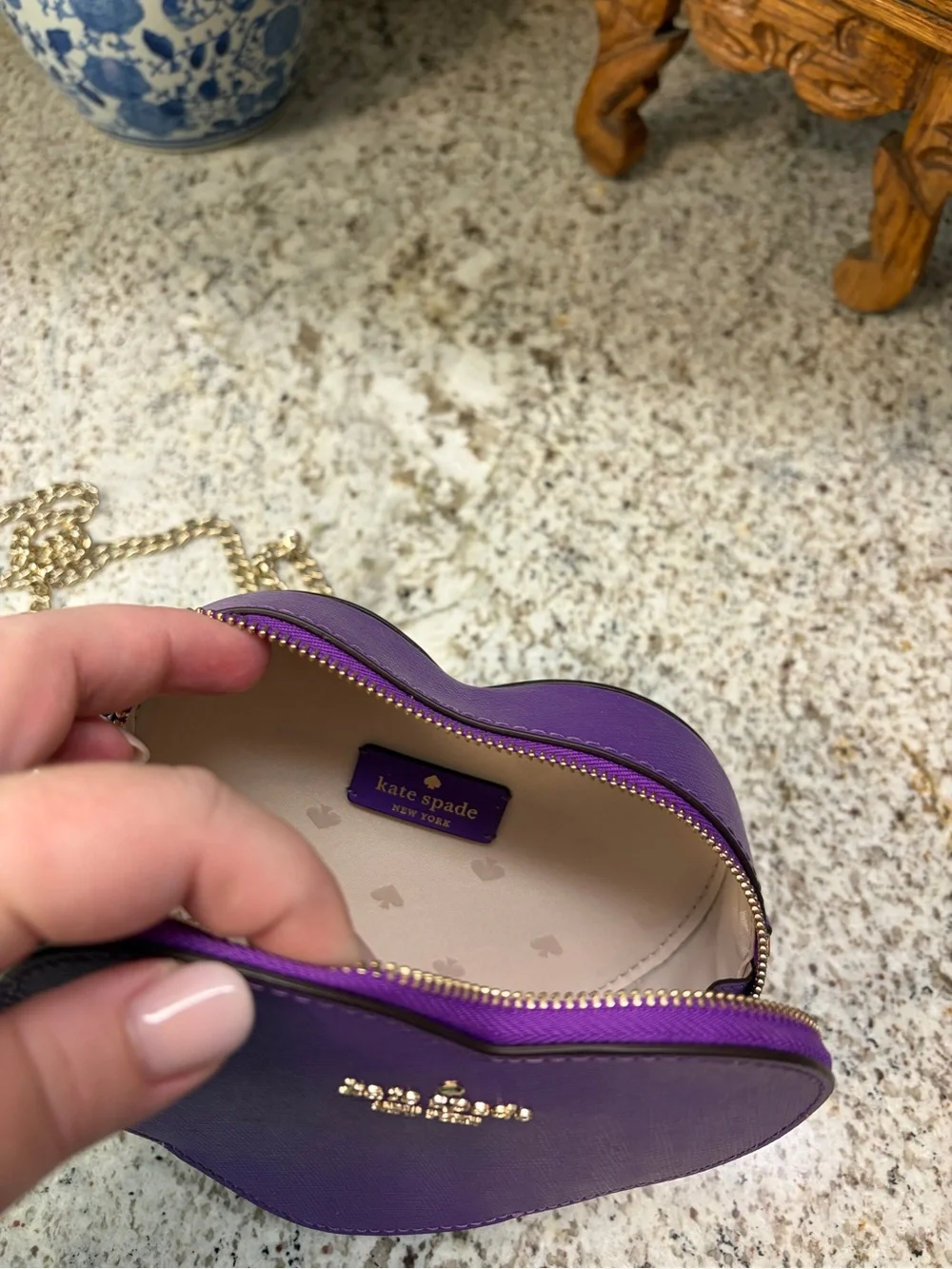 Kate Spade Mini Purple Heart Crossbody Purse with Gold Chain Strap